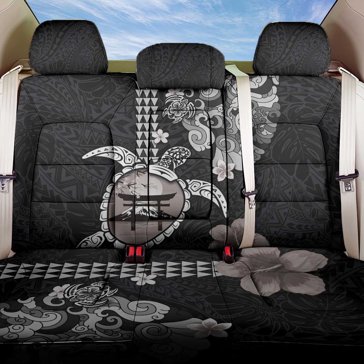 Hawaiian and Japanese Together Back Car Seat Cover Japanese Culture and Turtle Kakau Tattoo Black Color