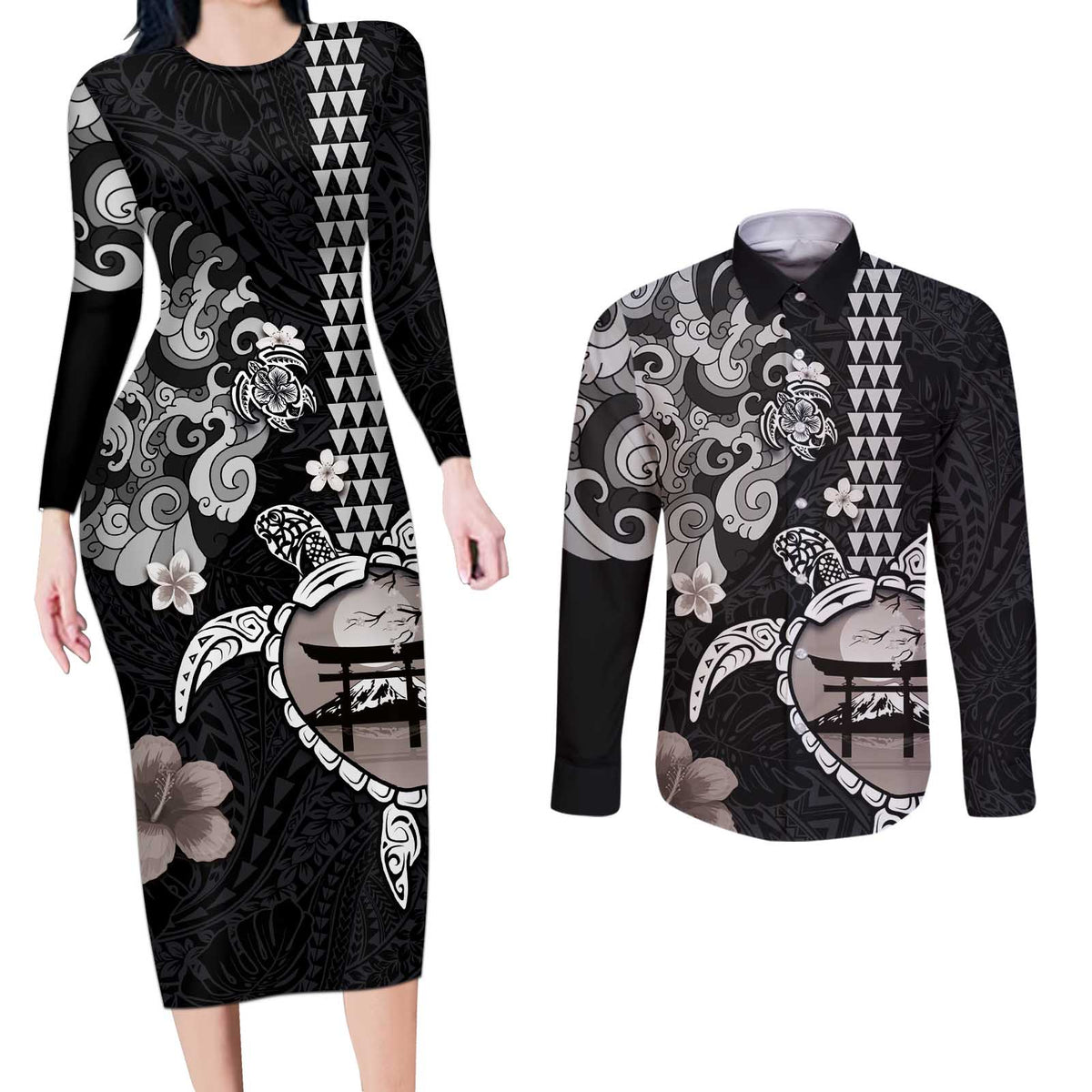 Hawaiian and Japanese Together Couples Matching Long Sleeve Bodycon Dress and Long Sleeve Button Shirt Japanese Culture and Turtle Kakau Tattoo Black Color