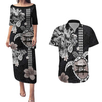 Hawaiian and Japanese Together Couples Matching Puletasi and Hawaiian Shirt Japanese Culture and Turtle Kakau Tattoo Black Color