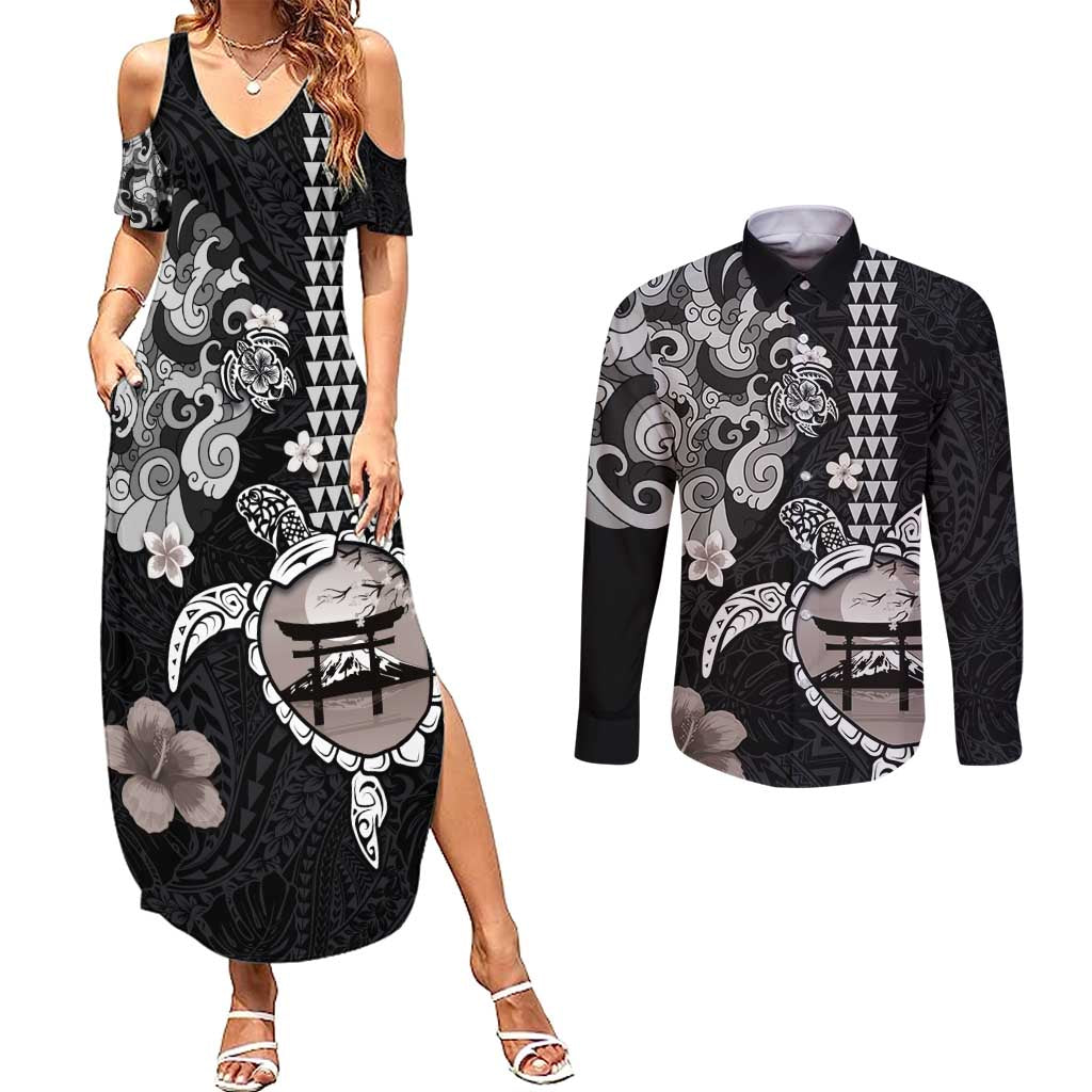 Hawaiian and Japanese Together Couples Matching Summer Maxi Dress and Long Sleeve Button Shirt Japanese Culture and Turtle Kakau Tattoo Black Color