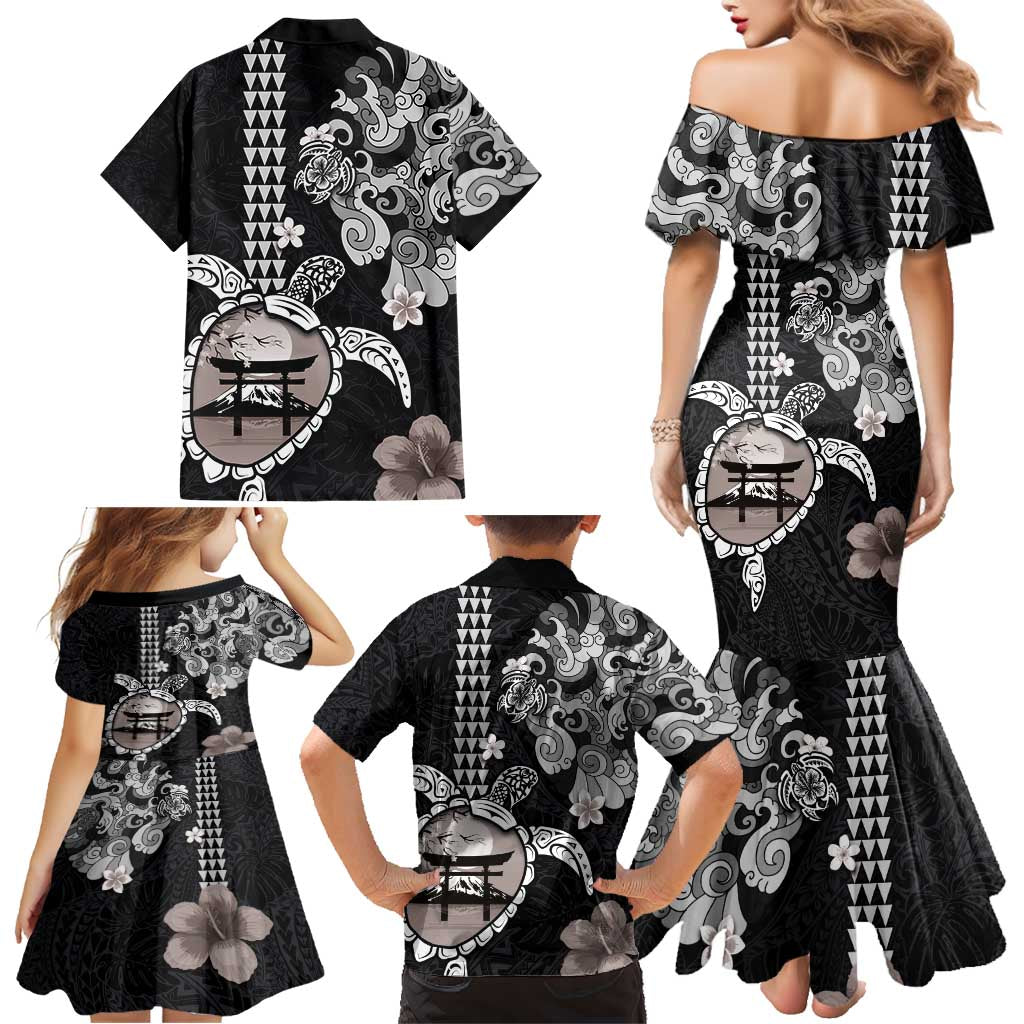 Hawaiian and Japanese Together Family Matching Mermaid Dress and Hawaiian Shirt Japanese Culture and Turtle Kakau Tattoo Black Color