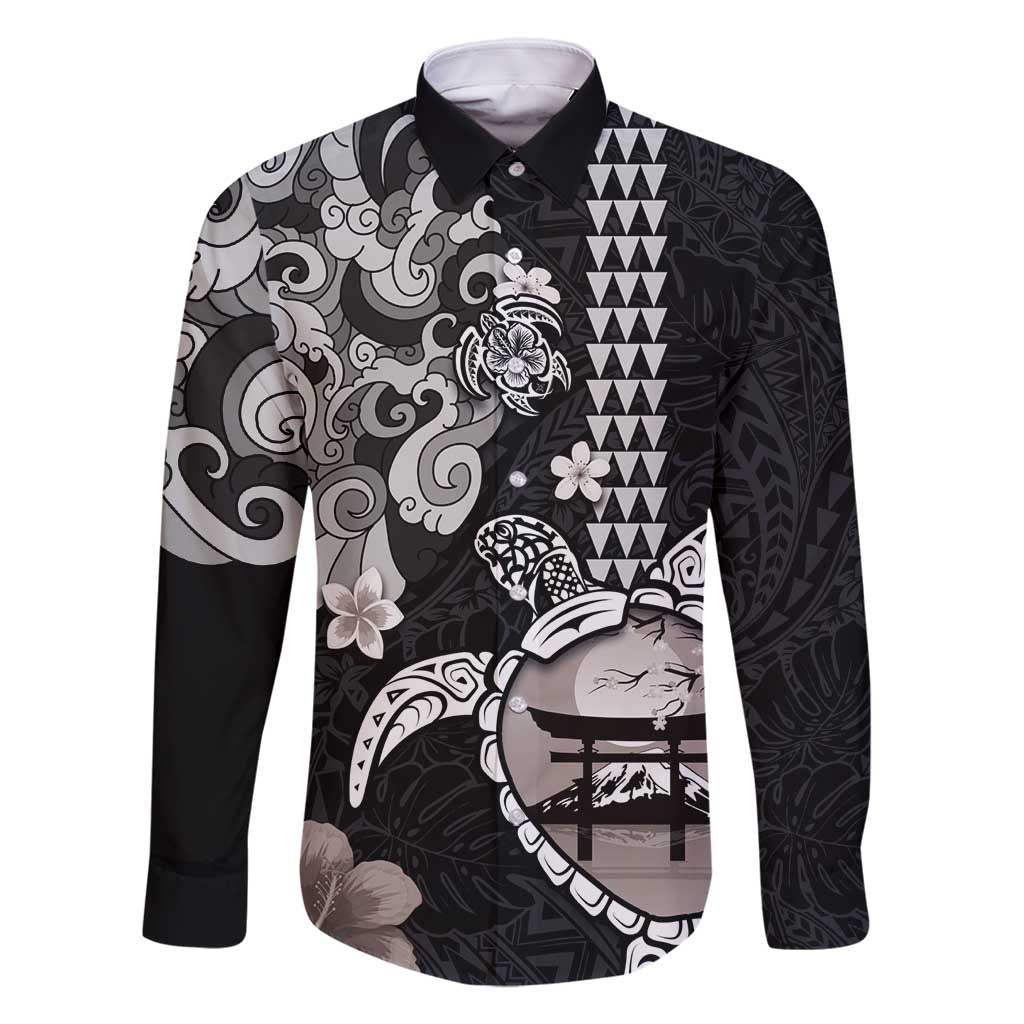 Hawaiian and Japanese Together Family Matching Mermaid Dress and Hawaiian Shirt Japanese Culture and Turtle Kakau Tattoo Black Color