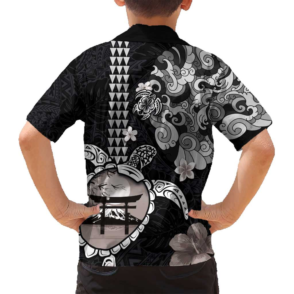 Hawaiian and Japanese Together Family Matching Off Shoulder Maxi Dress and Hawaiian Shirt Japanese Culture and Turtle Kakau Tattoo Black Color