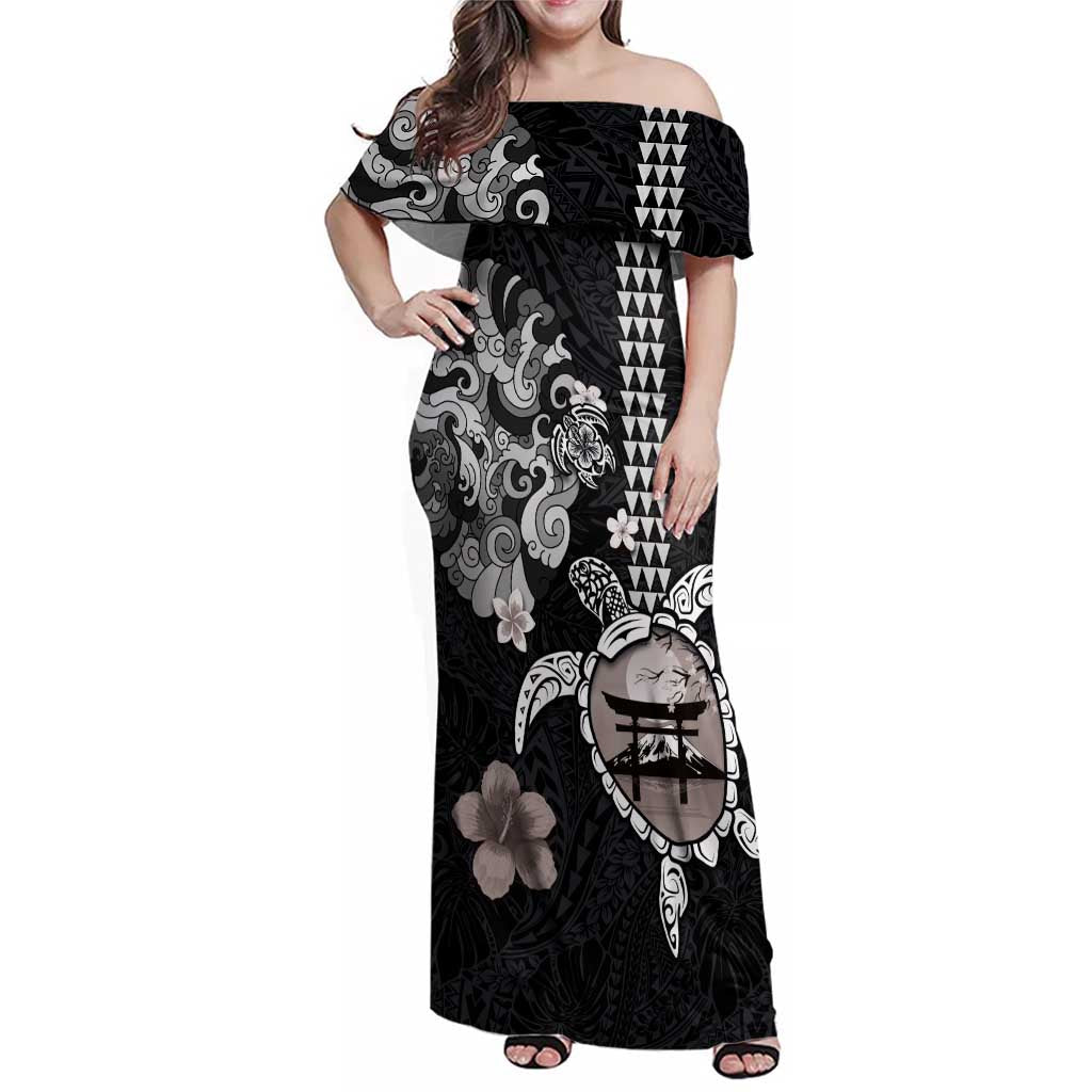 Hawaiian and Japanese Together Family Matching Off Shoulder Maxi Dress and Hawaiian Shirt Japanese Culture and Turtle Kakau Tattoo Black Color