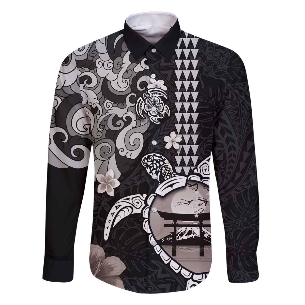 Hawaiian and Japanese Together Family Matching Off Shoulder Short Dress and Hawaiian Shirt Japanese Culture and Turtle Kakau Tattoo Black Color