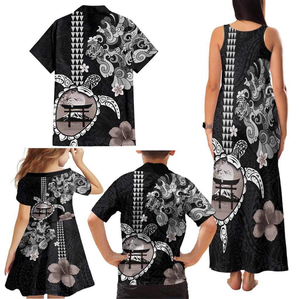 Hawaiian and Japanese Together Family Matching Tank Maxi Dress and Hawaiian Shirt Japanese Culture and Turtle Kakau Tattoo Black Color