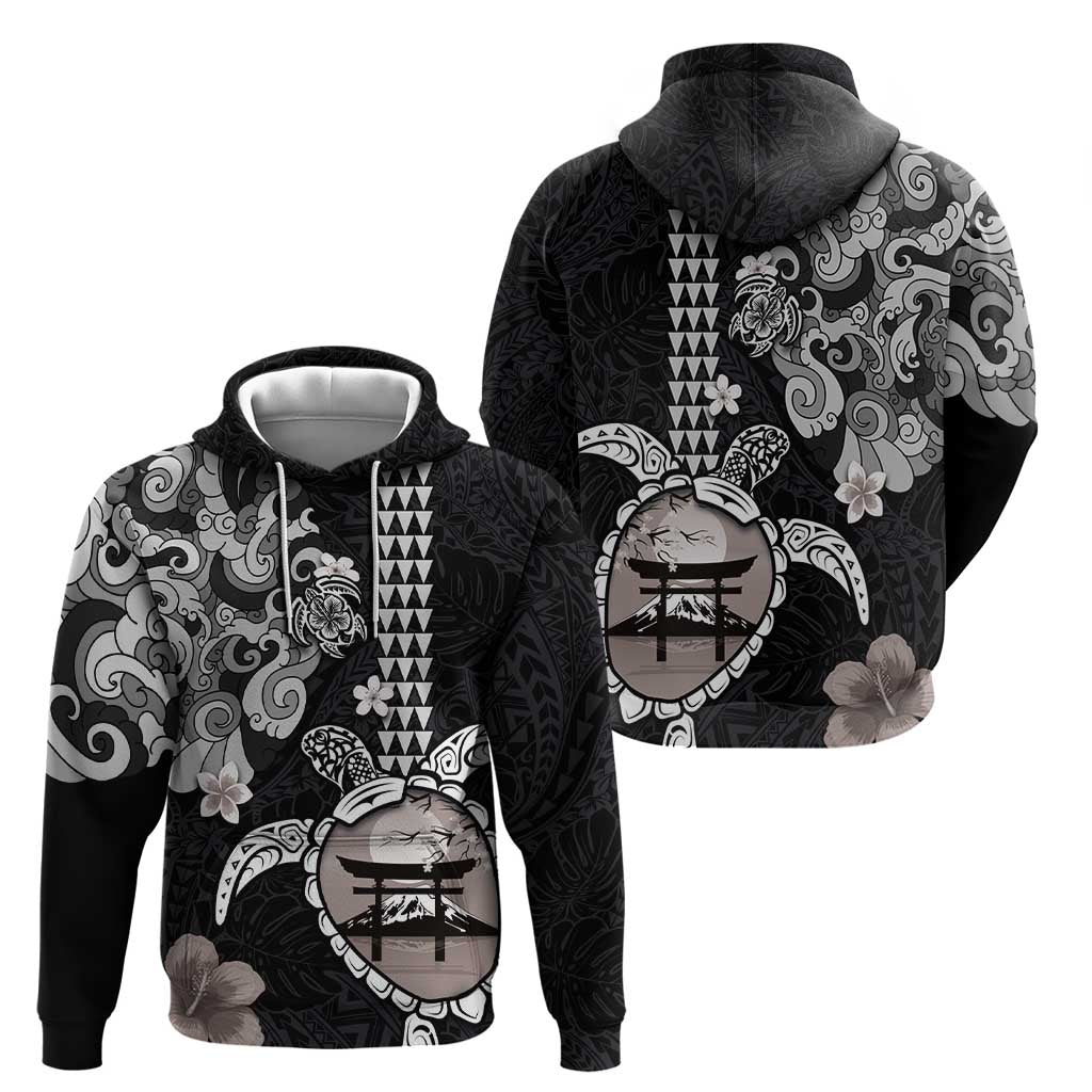 Hawaiian and Japanese Together Hoodie Japanese Culture and Turtle Kakau Tattoo Black Color