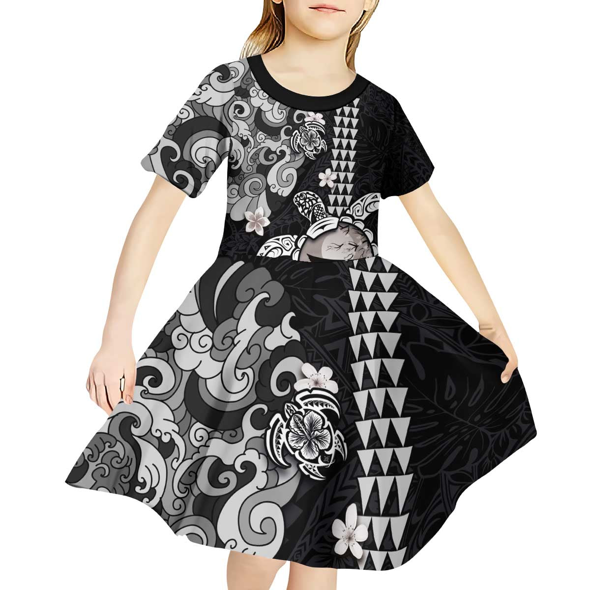 Hawaiian and Japanese Together Kid Short Sleeve Dress Japanese Culture and Turtle Kakau Tattoo Black Color