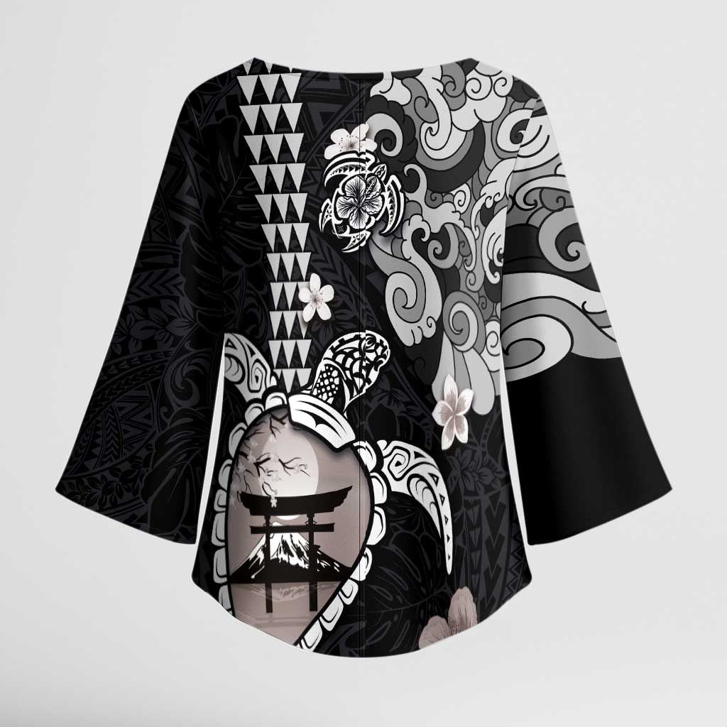 Hawaiian and Japanese Together Kimono Sleeve Blouse Japanese Culture and Turtle Kakau Tattoo Black Color - Polynesian Pride