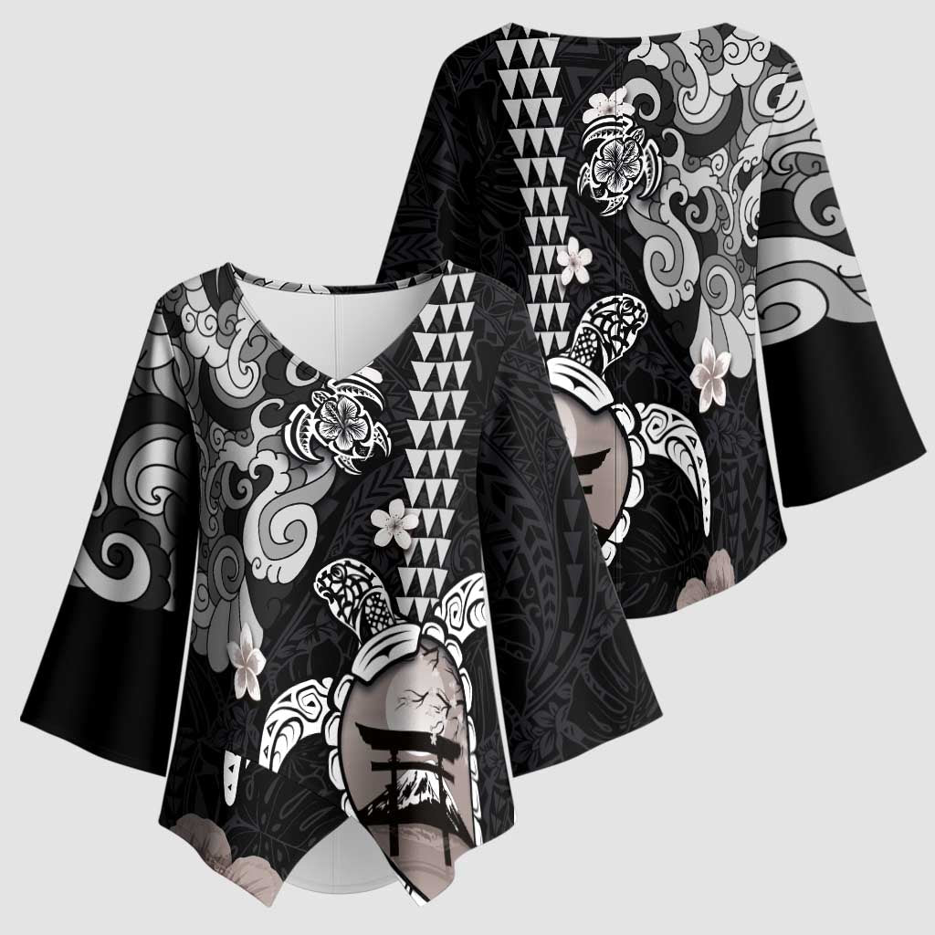 Hawaiian and Japanese Together Kimono Sleeve Blouse Japanese Culture and Turtle Kakau Tattoo Black Color - Polynesian Pride