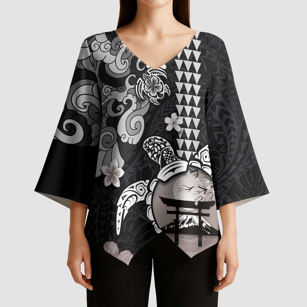 Hawaiian and Japanese Together Kimono Sleeve Blouse Japanese Culture and Turtle Kakau Tattoo Black Color - Polynesian Pride