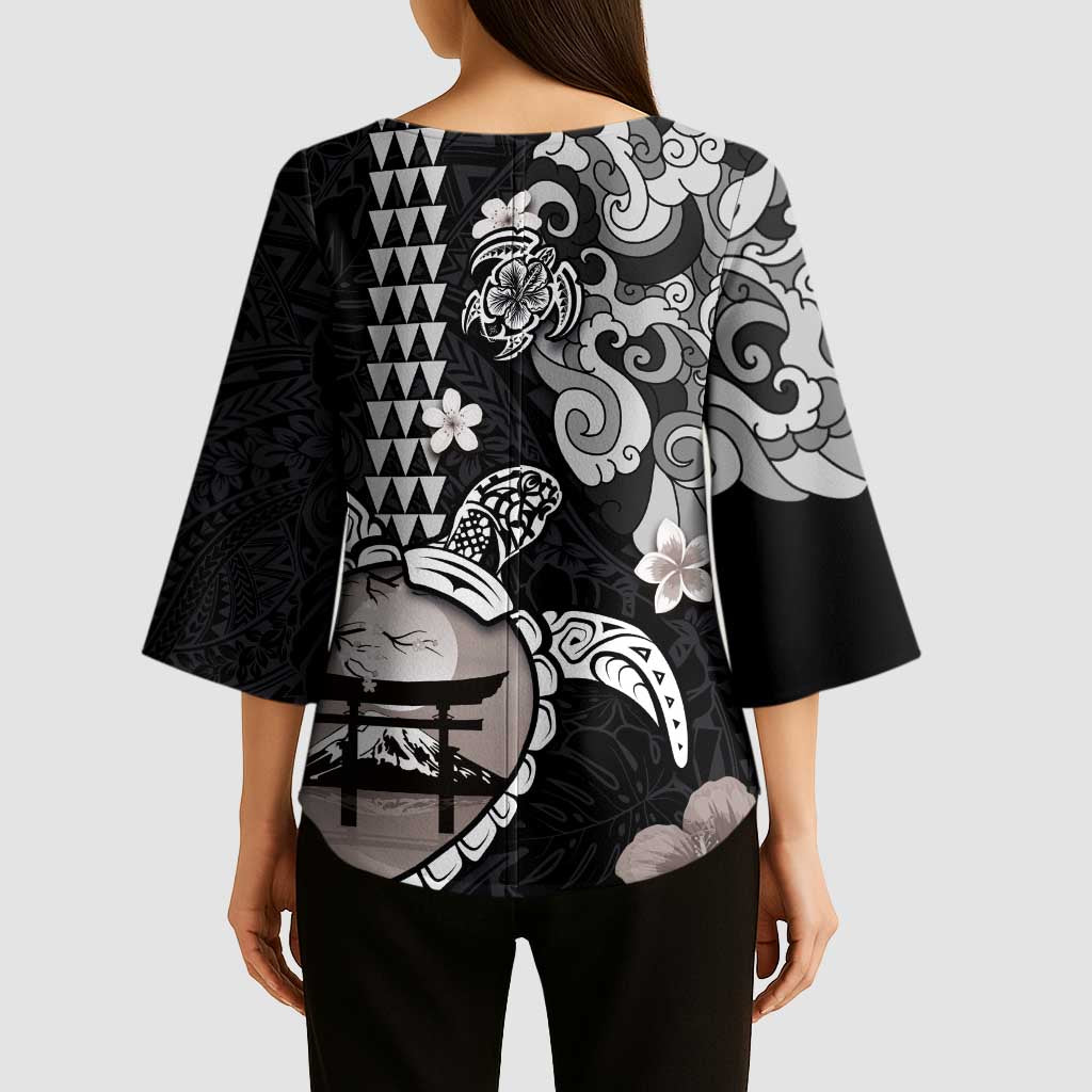 Hawaiian and Japanese Together Kimono Sleeve Blouse Japanese Culture and Turtle Kakau Tattoo Black Color - Polynesian Pride