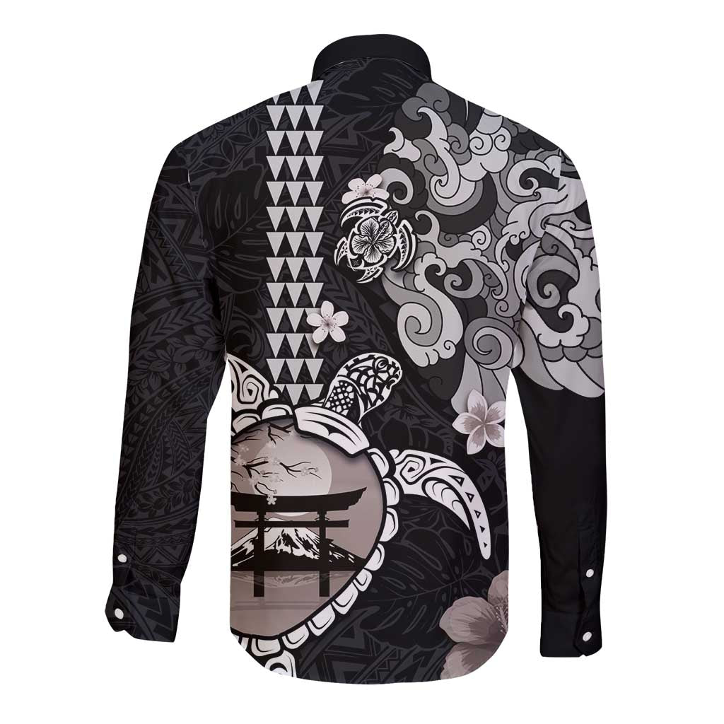 Hawaiian and Japanese Together Long Sleeve Button Shirt Japanese Culture and Turtle Kakau Tattoo Black Color