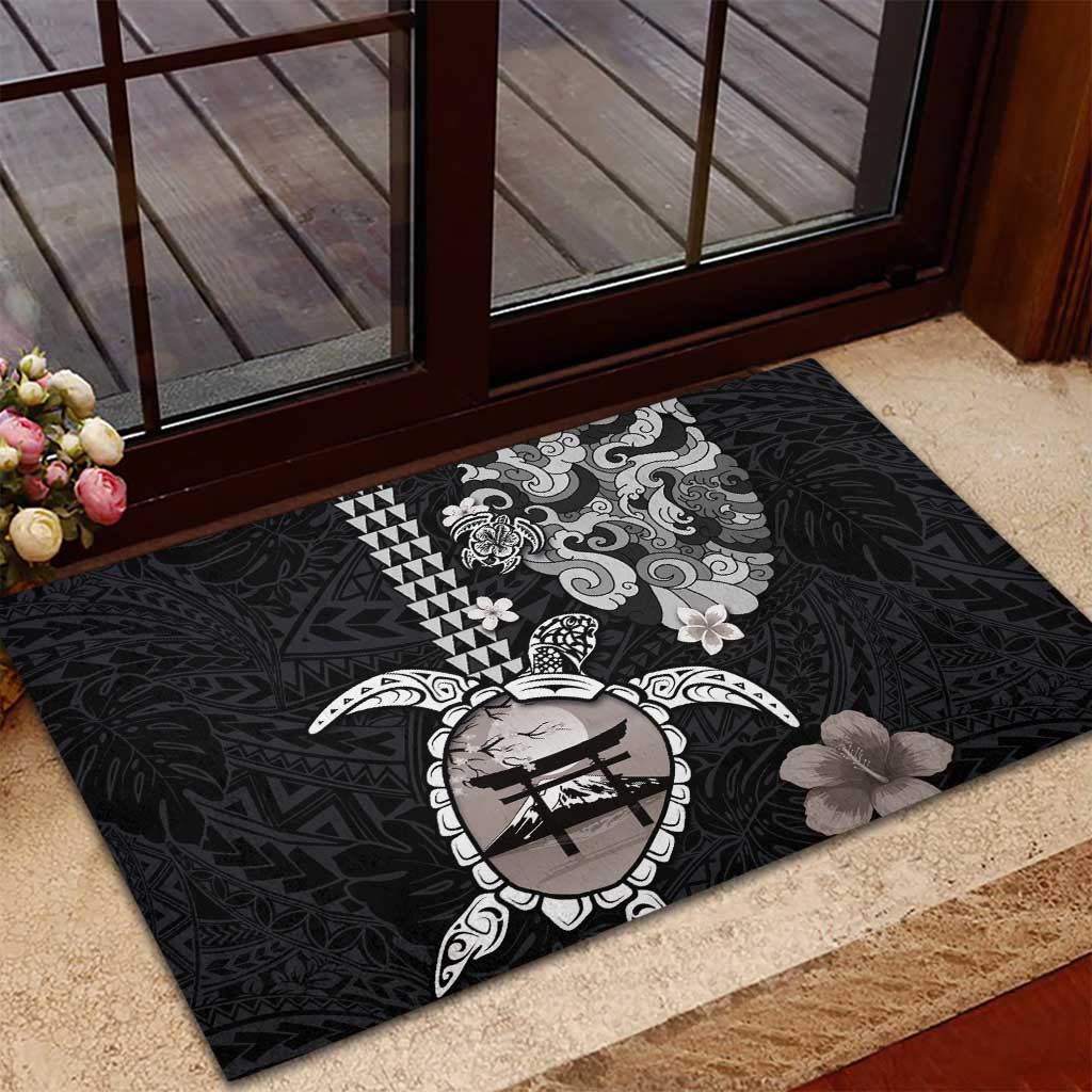 Hawaiian and Japanese Together Rubber Doormat Japanese Culture and Turtle Kakau Tattoo Black Color