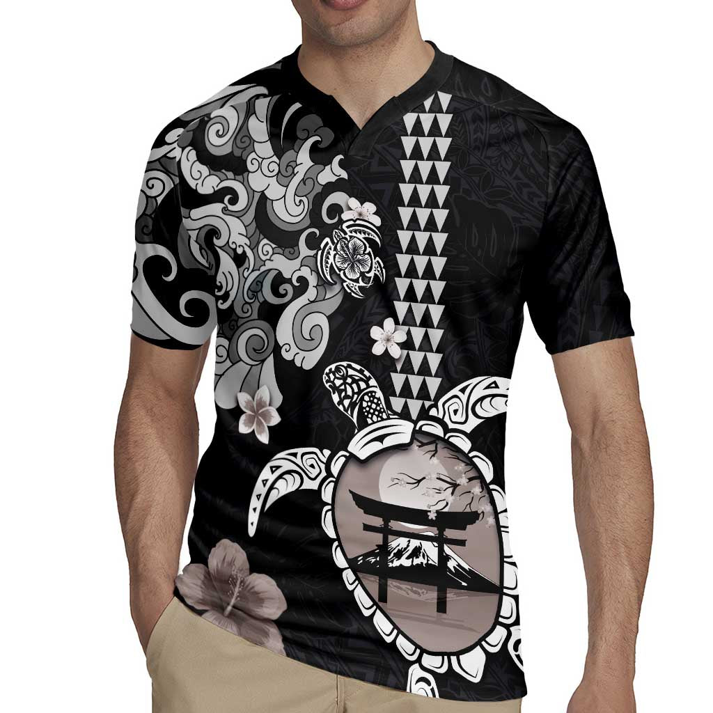 Hawaiian and Japanese Together Rugby Jersey Japanese Culture and Turtle Kakau Tattoo Black Color