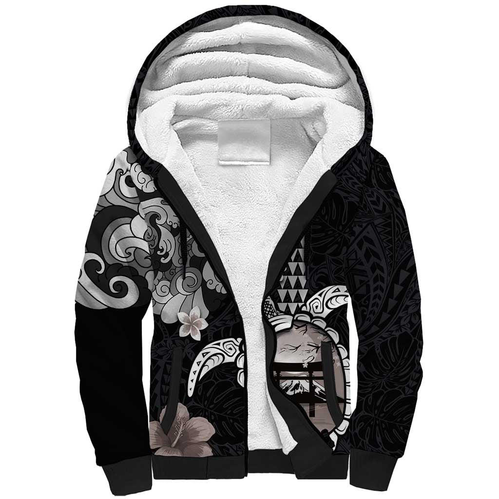 Hawaiian and Japanese Together Sherpa Hoodie Japanese Culture and Turtle Kakau Tattoo Black Color