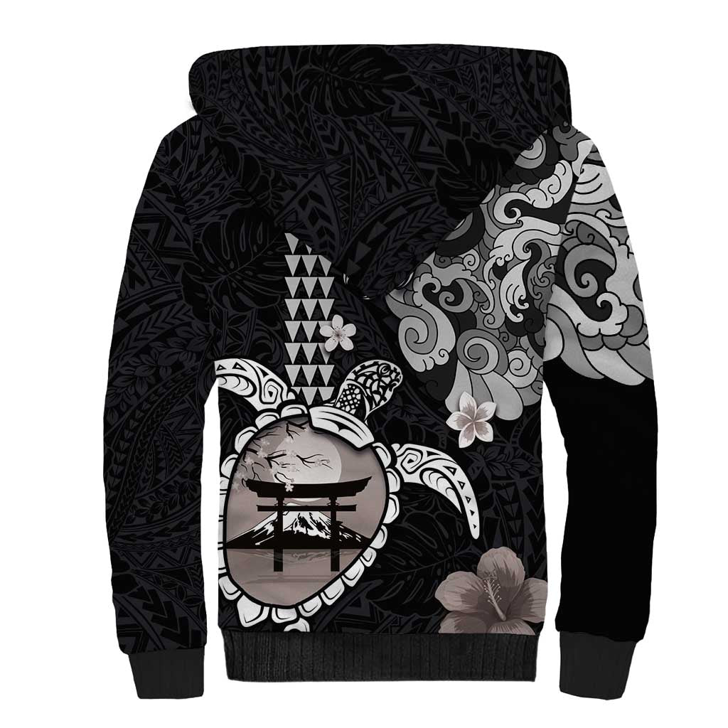 Hawaiian and Japanese Together Sherpa Hoodie Japanese Culture and Turtle Kakau Tattoo Black Color