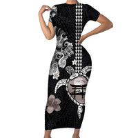 Hawaiian and Japanese Together Short Sleeve Bodycon Dress Japanese Culture and Turtle Kakau Tattoo Black Color LT03 Long Dress Black - Polynesian Pride