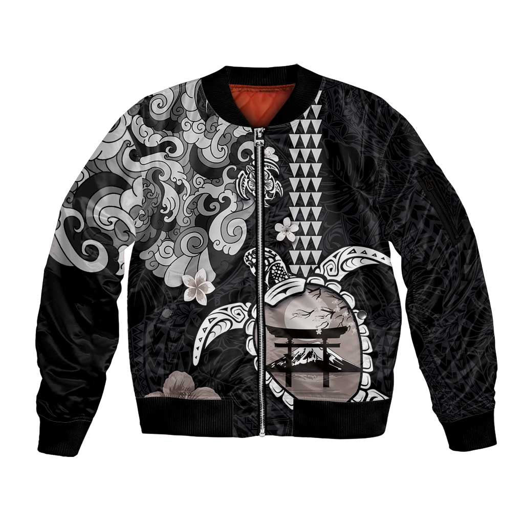 Hawaiian and Japanese Together Sleeve Zip Bomber Jacket Japanese Culture and Turtle Kakau Tattoo Black Color