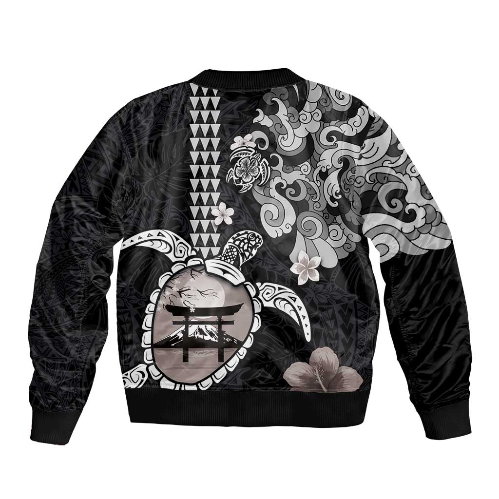 Hawaiian and Japanese Together Sleeve Zip Bomber Jacket Japanese Culture and Turtle Kakau Tattoo Black Color