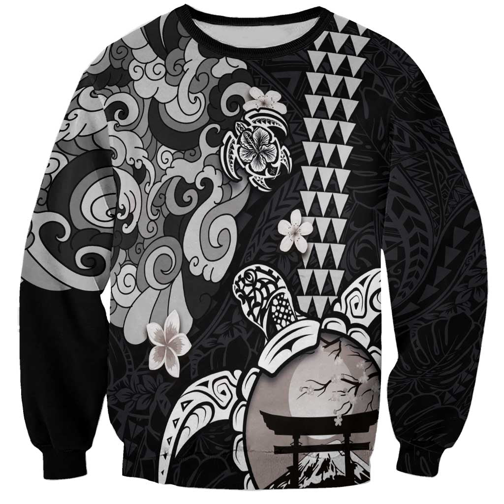 Hawaiian and Japanese Together Sweatshirt Japanese Culture and Turtle Kakau Tattoo Black Color