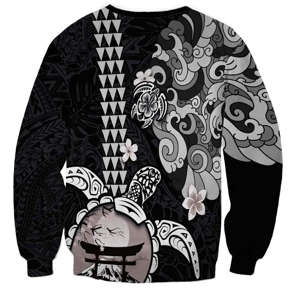 Hawaiian and Japanese Together Sweatshirt Japanese Culture and Turtle Kakau Tattoo Black Color