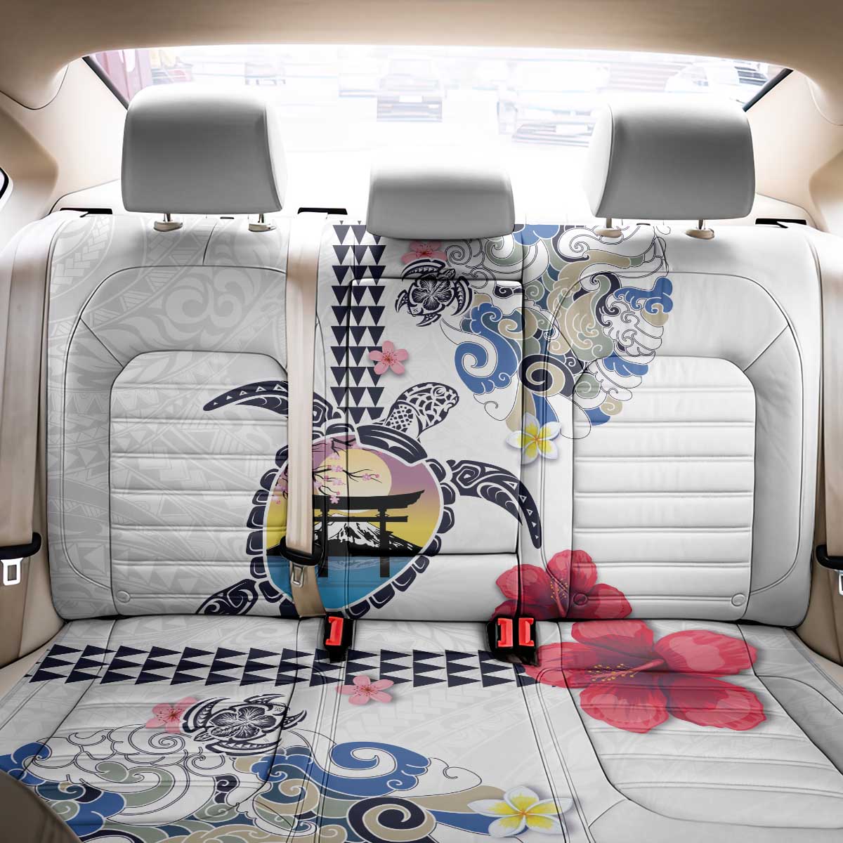 Hawaiian and Japanese Together Back Car Seat Cover Japanese Culture and Turtle Kakau Tattoo White Color