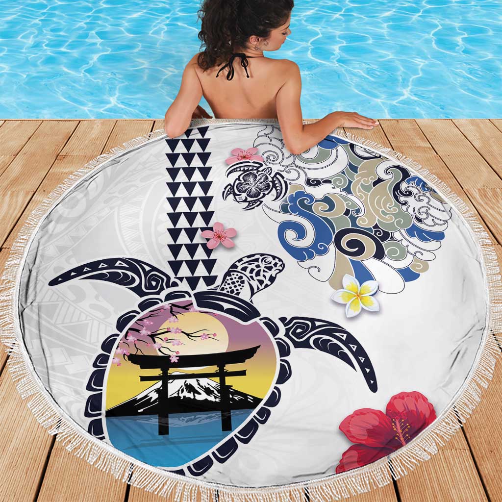 Hawaiian and Japanese Together Beach Blanket Japanese Culture and Turtle Kakau Tattoo White Color LT03 - Polynesian Pride