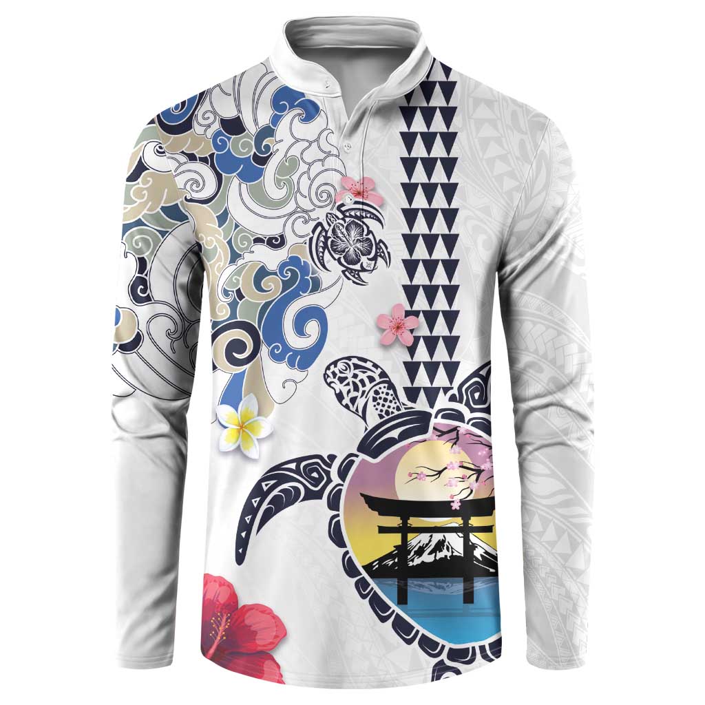 Hawaiian and Japanese Together Button Sweatshirt Japanese Culture and Turtle Kakau Tattoo White Color