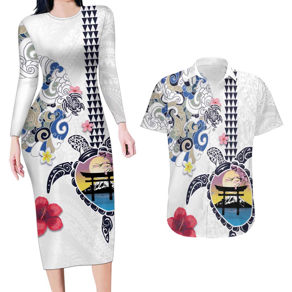 Hawaiian and Japanese Together Couples Matching Long Sleeve Bodycon Dress and Hawaiian Shirt Japanese Culture and Turtle Kakau Tattoo White Color