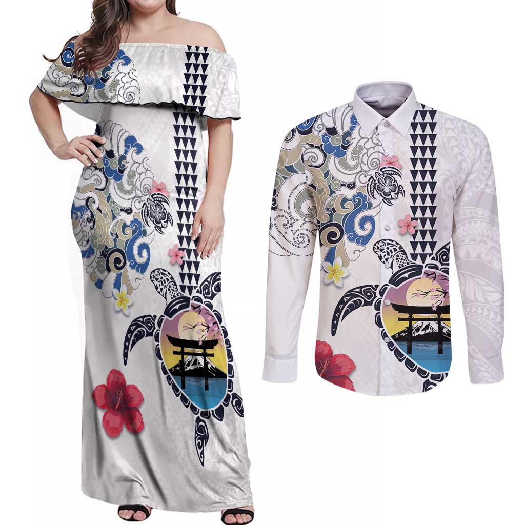 Hawaiian and Japanese Together Couples Matching Off Shoulder Maxi Dress and Long Sleeve Button Shirt Japanese Culture and Turtle Kakau Tattoo White Color