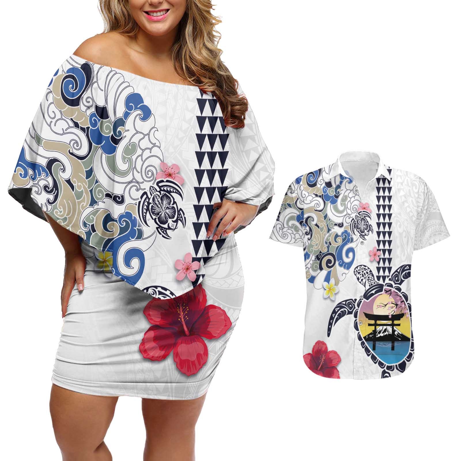 Hawaiian and Japanese Together Couples Matching Off Shoulder Short Dress and Hawaiian Shirt Japanese Culture and Turtle Kakau Tattoo White Color