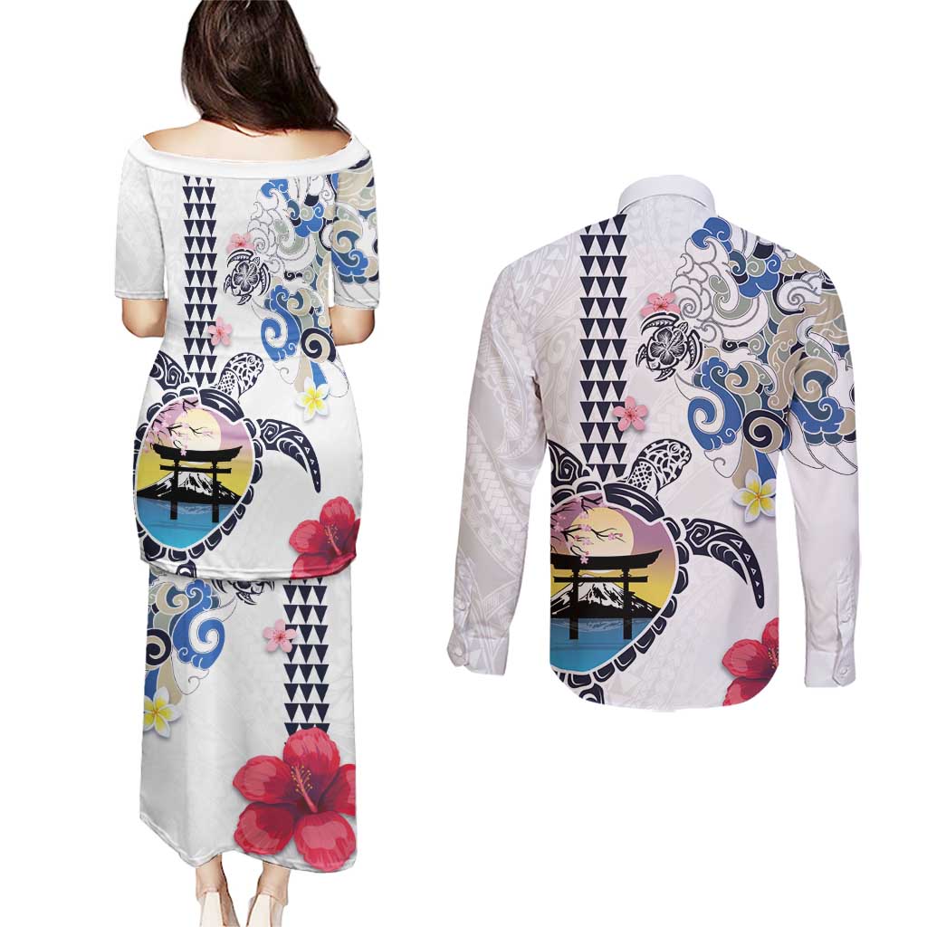 Hawaiian and Japanese Together Couples Matching Puletasi and Long Sleeve Button Shirt Japanese Culture and Turtle Kakau Tattoo White Color