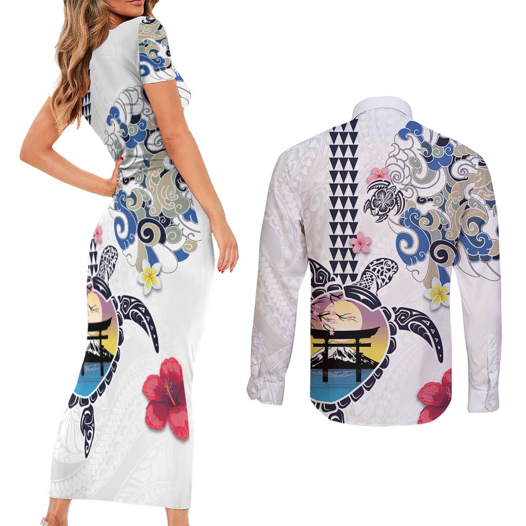Hawaiian and Japanese Together Couples Matching Short Sleeve Bodycon Dress and Long Sleeve Button Shirt Japanese Culture and Turtle Kakau Tattoo White Color