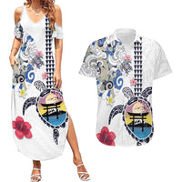 Hawaiian and Japanese Together Couples Matching Summer Maxi Dress and Hawaiian Shirt Japanese Culture and Turtle Kakau Tattoo White Color