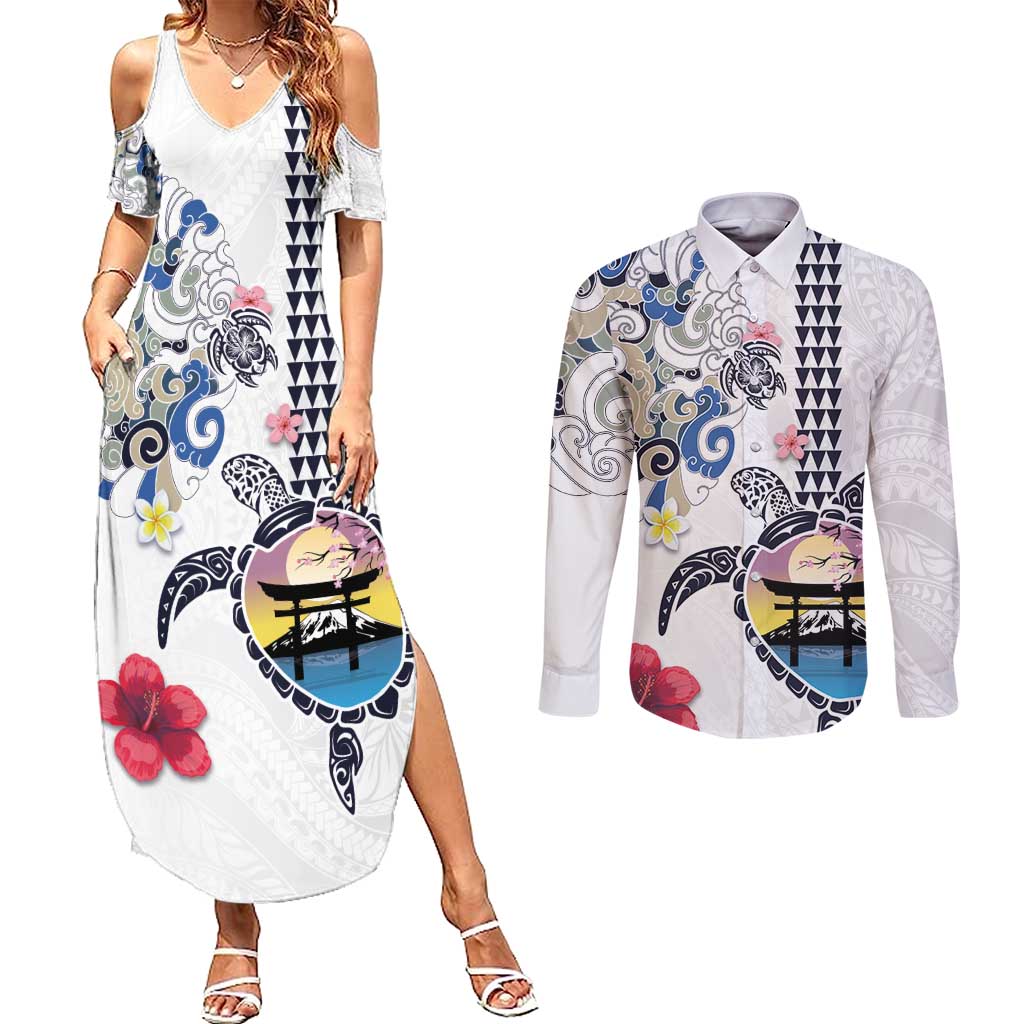 Hawaiian and Japanese Together Couples Matching Summer Maxi Dress and Long Sleeve Button Shirt Japanese Culture and Turtle Kakau Tattoo White Color