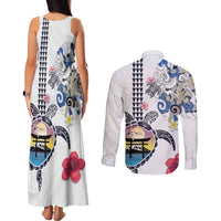 Hawaiian and Japanese Together Couples Matching Tank Maxi Dress and Long Sleeve Button Shirt Japanese Culture and Turtle Kakau Tattoo White Color