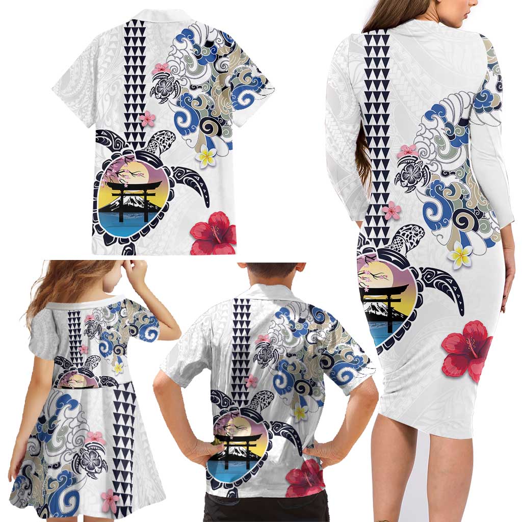 Hawaiian and Japanese Together Family Matching Long Sleeve Bodycon Dress and Hawaiian Shirt Japanese Culture and Turtle Kakau Tattoo White Color