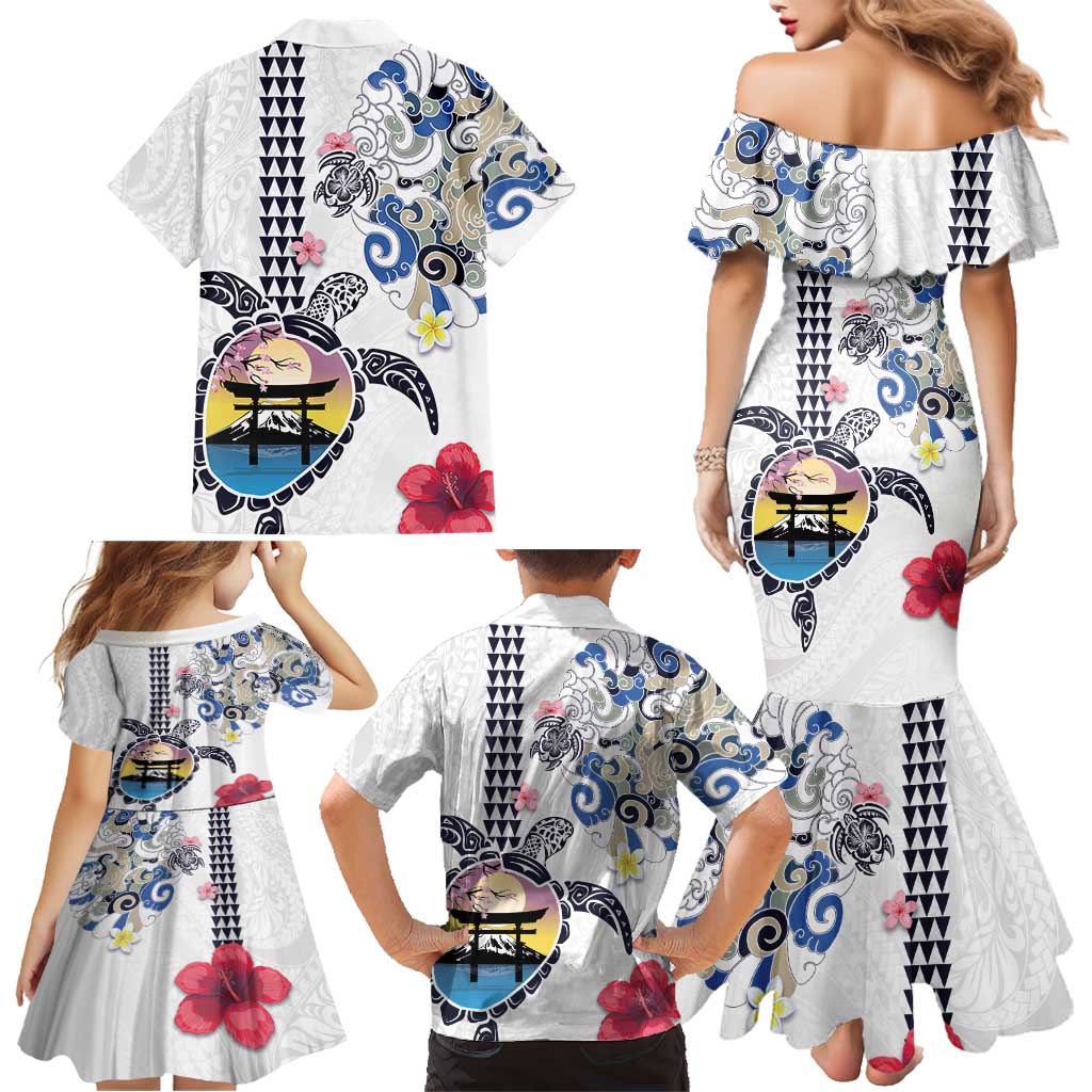 Hawaiian and Japanese Together Family Matching Mermaid Dress and Hawaiian Shirt Japanese Culture and Turtle Kakau Tattoo White Color