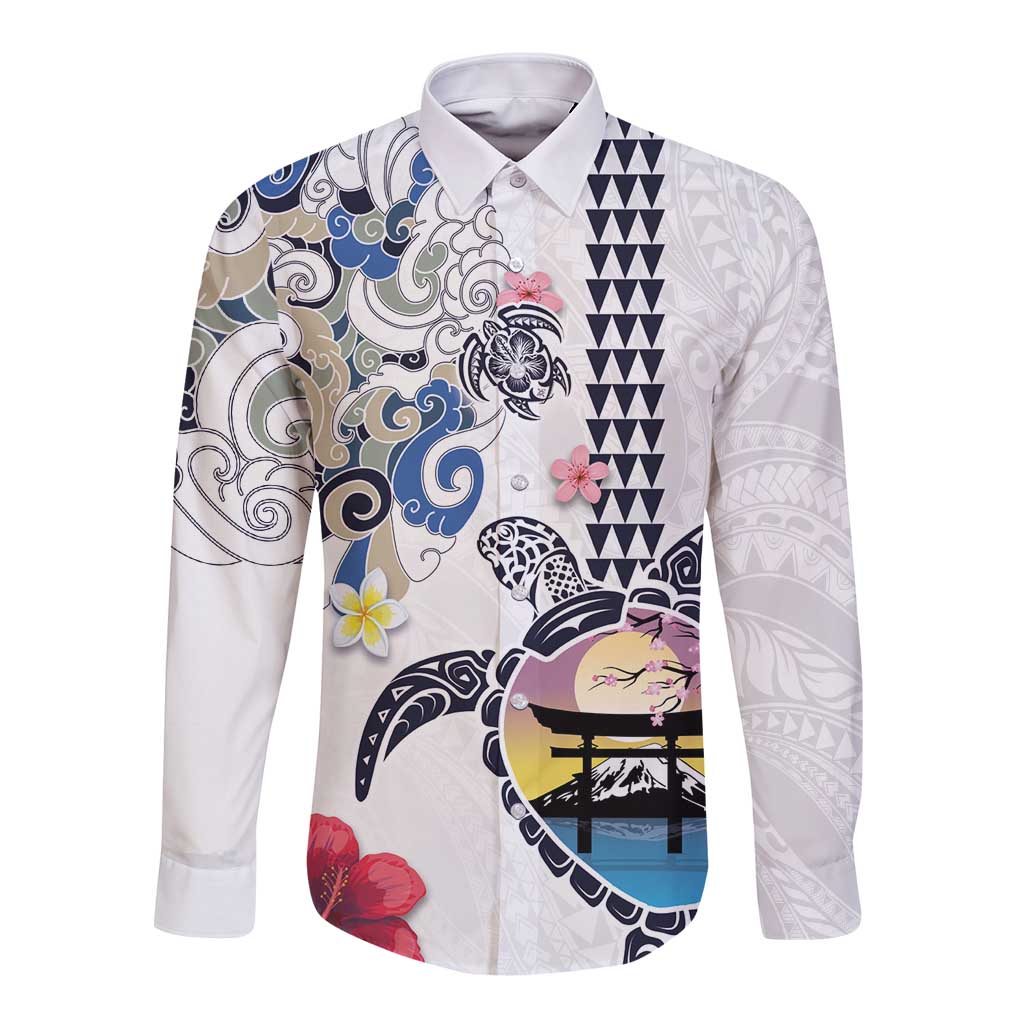 Hawaiian and Japanese Together Long Sleeve Button Shirt Japanese Culture and Turtle Kakau Tattoo White Color