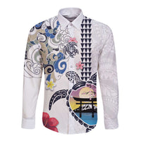 Hawaiian and Japanese Together Long Sleeve Button Shirt Japanese Culture and Turtle Kakau Tattoo White Color