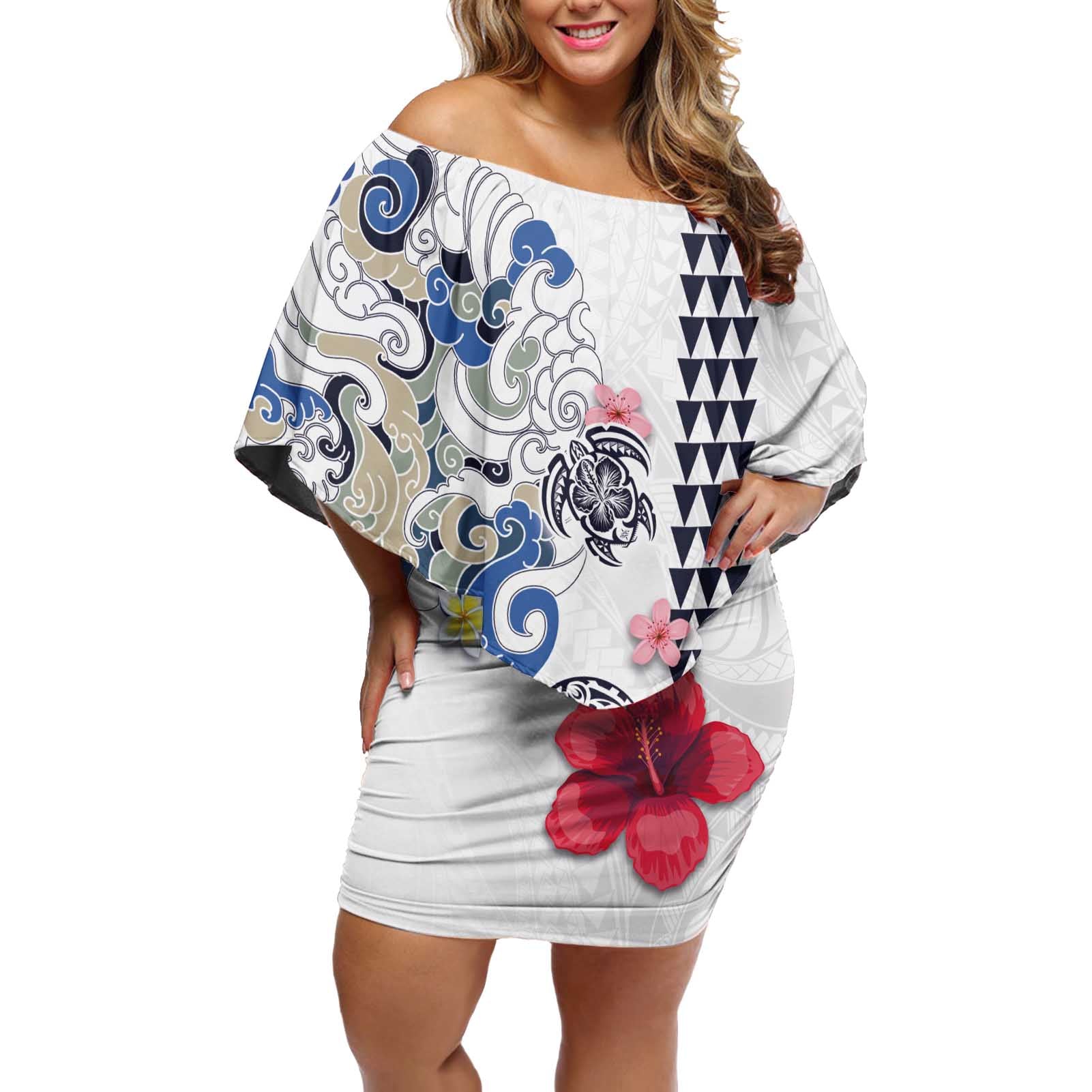 Hawaiian and Japanese Together Off Shoulder Short Dress Japanese Culture and Turtle Kakau Tattoo White Color