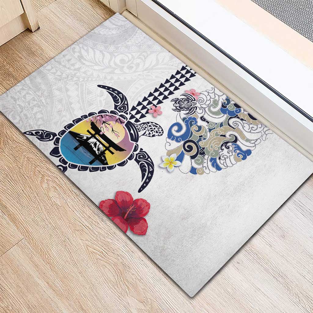 Hawaiian and Japanese Together Rubber Doormat Japanese Culture and Turtle Kakau Tattoo White Color