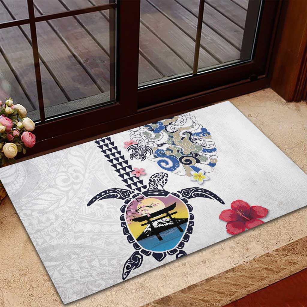 Hawaiian and Japanese Together Rubber Doormat Japanese Culture and Turtle Kakau Tattoo White Color