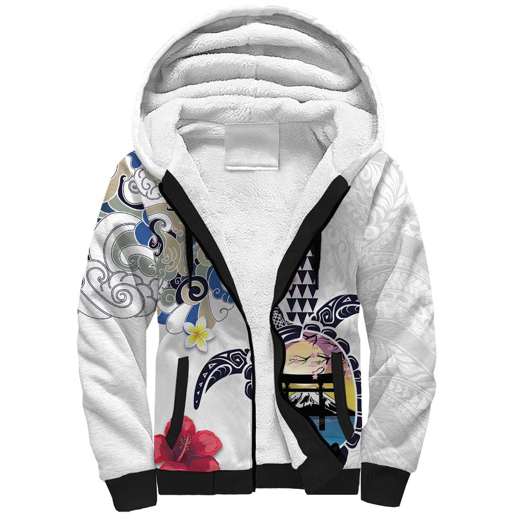 Hawaiian and Japanese Together Sherpa Hoodie Japanese Culture and Turtle Kakau Tattoo White Color