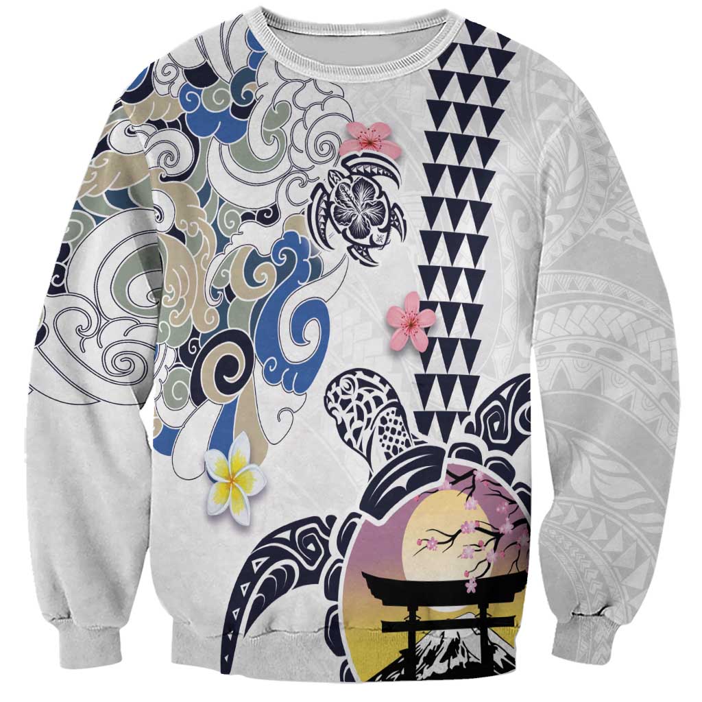 Hawaiian and Japanese Together Sweatshirt Japanese Culture and Turtle Kakau Tattoo White Color