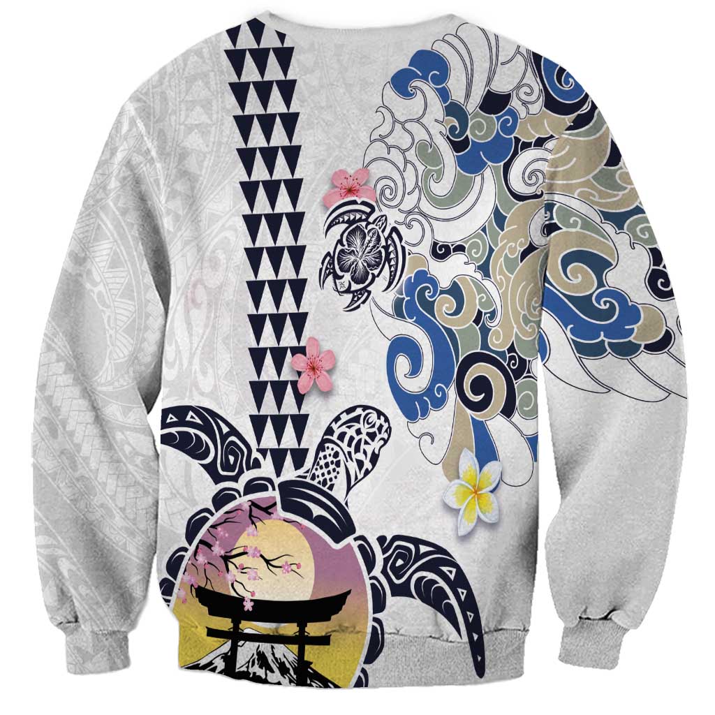 Hawaiian and Japanese Together Sweatshirt Japanese Culture and Turtle Kakau Tattoo White Color