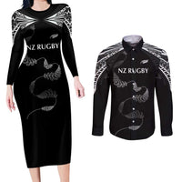 New Zealand Rugby Custom Couples Matching Long Sleeve Bodycon Dress and Long Sleeve Button Shirt Aotearoa Armour Blacks Silver Ferns - Polynesian Pride