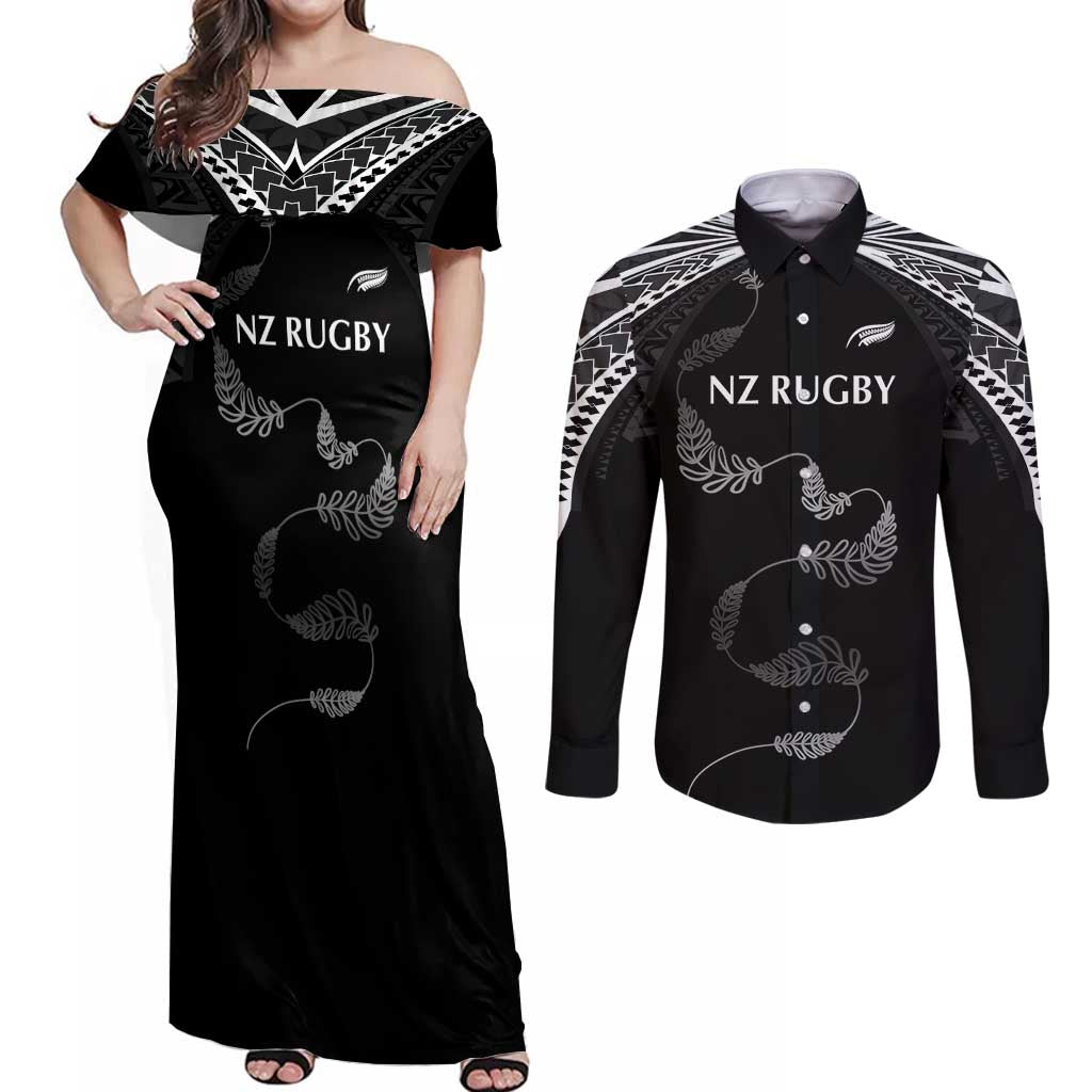 New Zealand Rugby Custom Couples Matching Off Shoulder Maxi Dress and Long Sleeve Button Shirt Aotearoa Armour Blacks Silver Ferns - Polynesian Pride