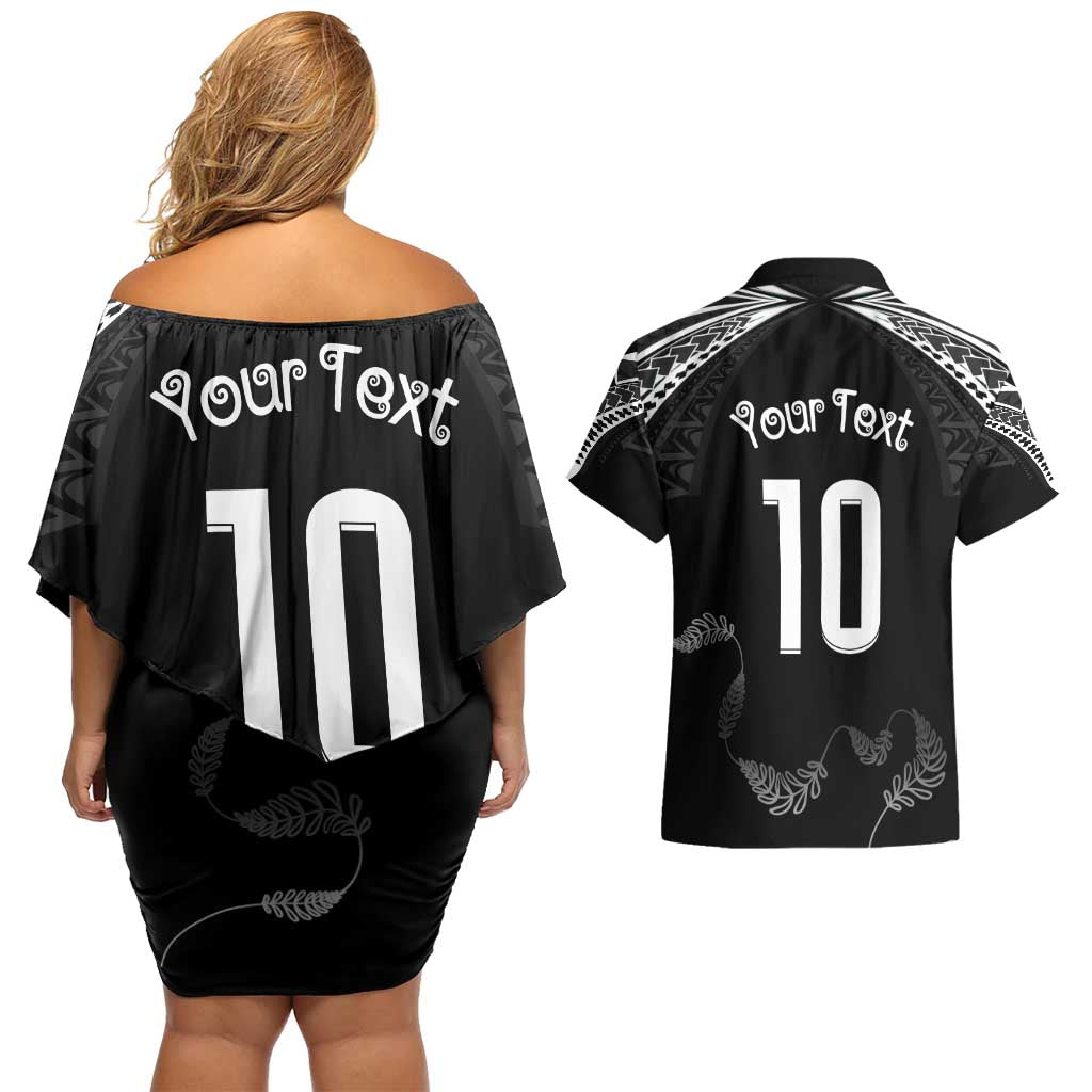New Zealand Rugby Custom Couples Matching Off Shoulder Short Dress and Hawaiian Shirt Aotearoa Armour Blacks Silver Ferns - Polynesian Pride
